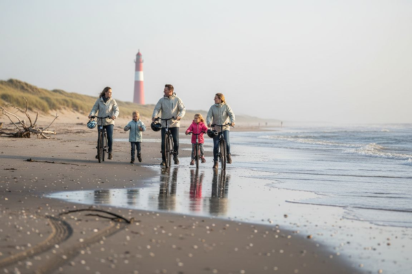 Een gezin maakt samen een fietstocht over het strand van Ameland.