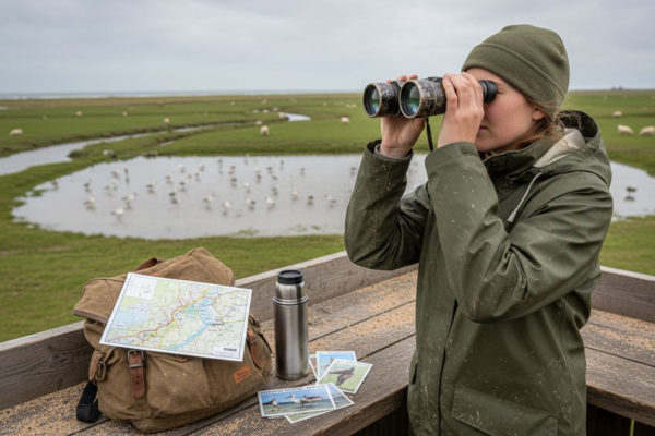 Wandelaars trekken over de duinen van een Waddeneiland, terwijl vogels boven hun hoofd zweven.