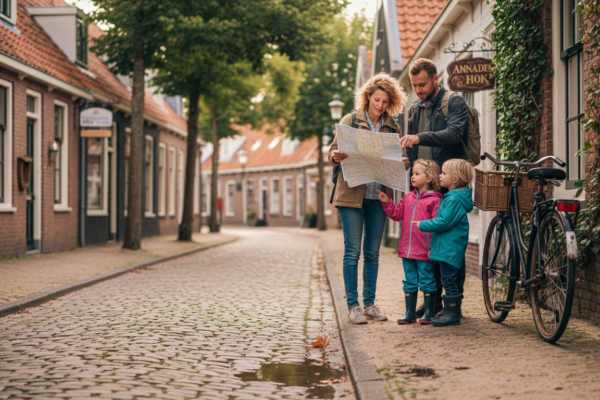Een gezin maakt een ontspannen wandeling door een van de gezellige straatjes van Nes op Ameland.