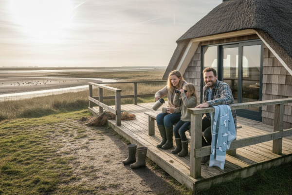 Een gezin geniet samen op het terras van hun natuurhuisje, midden in het prachtige landschap van de Wadden.