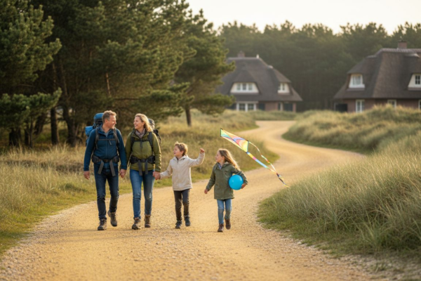 Een gezin geniet van een wandeling door de prachtige natuur van een vakantiepark op Ameland.