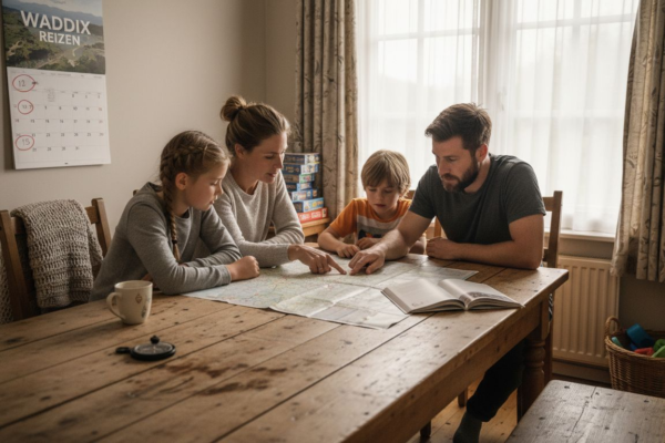 Samen aan de keukentafel plannen ze hun volgende vakantie midden in de natuur.