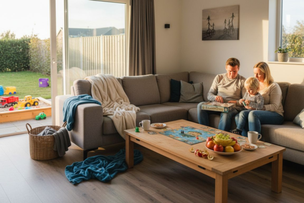 Een gezin geniet samen van een spelletje in de gezellige woonkamer van hun vakantiehuis.