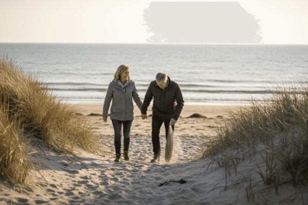 Een stel wandelt samen langs het strand van Ameland, met de duinen op de achtergrond.