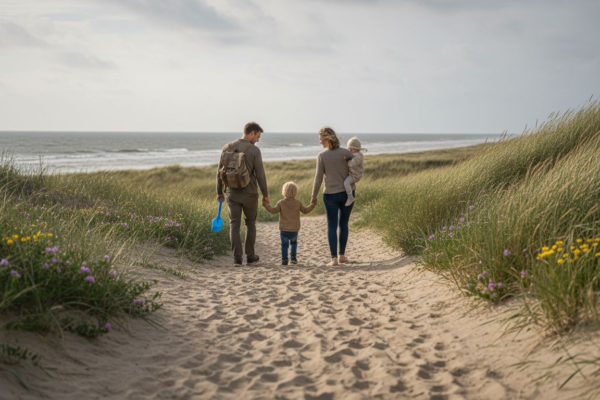 Een gezin wandelt heerlijk over een autovrij duinpad op de Waddeneilanden.