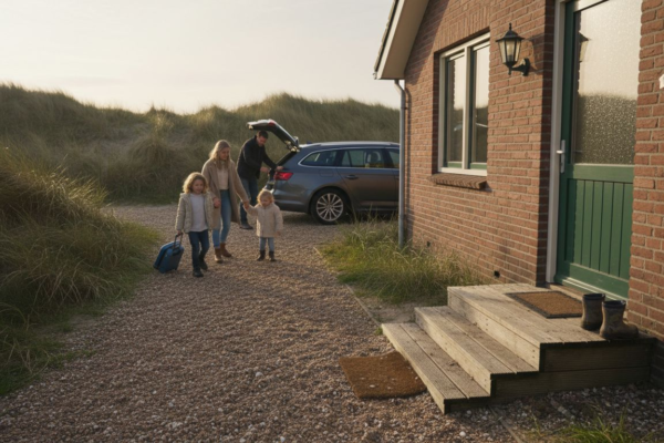 Een gezin komt aan bij hun vakantiehuis op de Waddeneilanden.