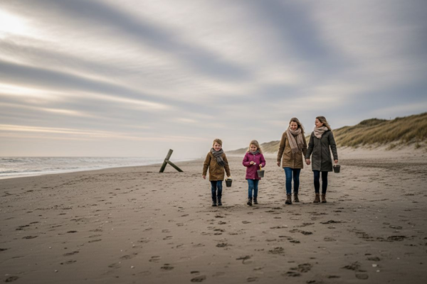 Een gezin maakt een ontspannen herfstwandeling over het stille strand van een Waddeneiland.