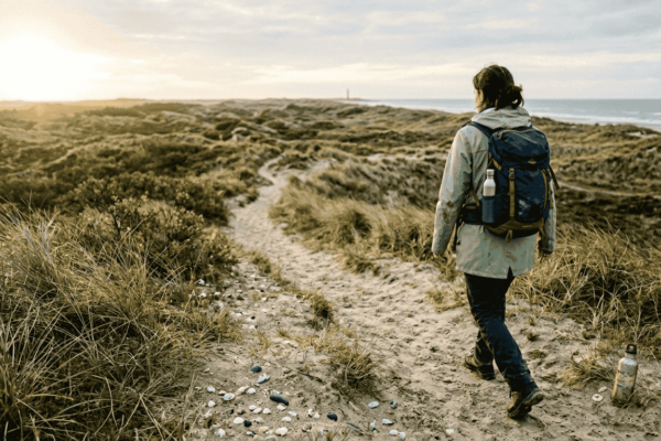 Een wandelaar struint door de duinen van Ameland.
