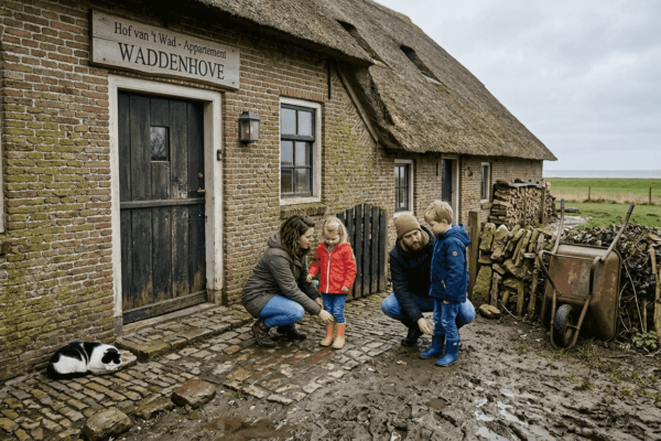 Een gezin geniet van het plattelandsleven bij een boerderij-appartement aan de rand van de Wadden.