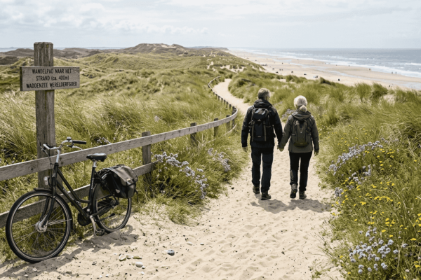 Stel wandelt over een zandpad door de duinen van het Waddengebied