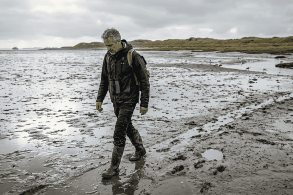 Een wandelaar trekt door het weidse waddengebied, omringd door uitgestrekte duinen.