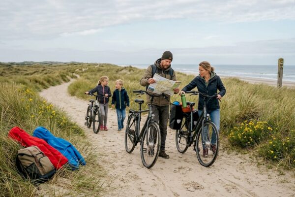 Een gezin geniet van een fietstocht en wandeling over het duinpad.