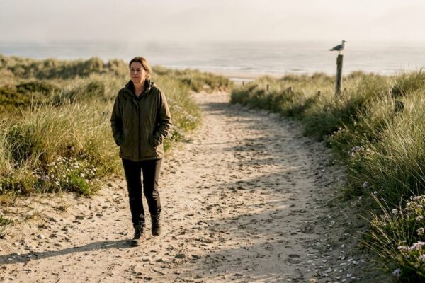 Een vrouw maakt een ontspannen wandeling door de duinen langs het wad.
