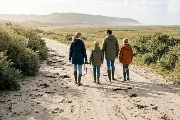 Een gezin maakt een heerlijke wandeling door de duinen op de Waddeneilanden.