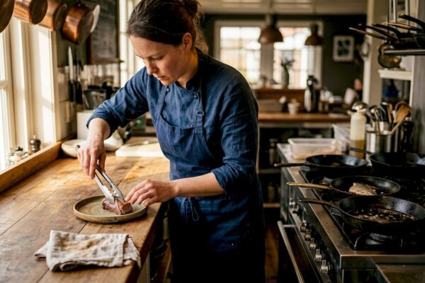 In een authentieke Amelandse keuken zet de chef een lokaal gerecht op tafel.
