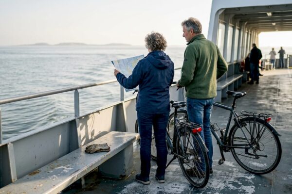 Stelletje geniet samen van de overtocht naar Ameland of Texel.