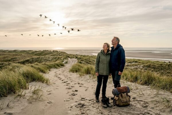 Een stel wandelt samen door de duinen terwijl de zon opkomt boven de Waddenzee.