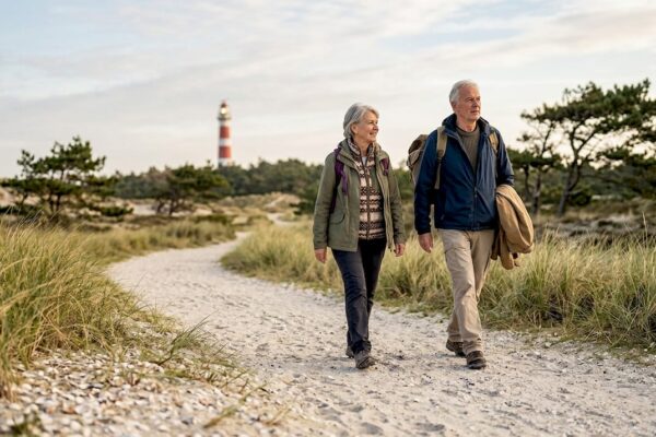 Ouderen genieten van een wandeling over het schelpenpad op Ameland