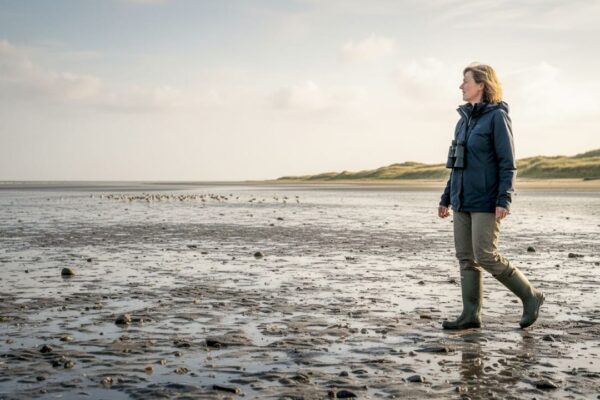 Een wandelaar trekt over het wad, omringd door vogels en met de duinen op de achtergrond.