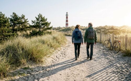 Wandelaars genieten van een tocht door de Amelandse duinen, met uitzicht op de imposante vuurtoren.