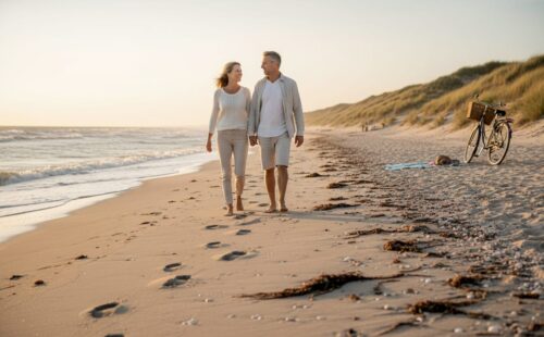 Een stelletje maakt een ontspannen wandeling langs het stille strand.