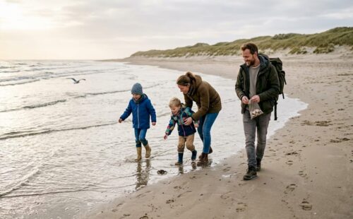 Een gezin maakt een ontspannen strandwandeling op de Waddeneilanden.