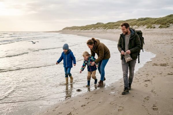 Een gezin maakt een ontspannen strandwandeling op de Waddeneilanden.