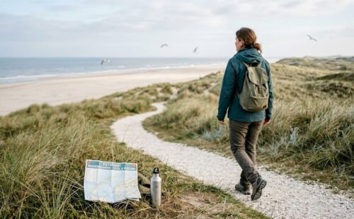 Vrouw geniet van een ontspannen wandeling over het Waddeneilandenpad