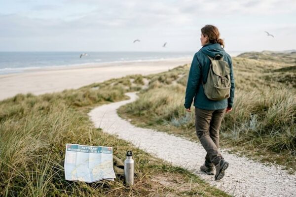 Vrouw geniet van een ontspannen wandeling over het Waddeneilandenpad