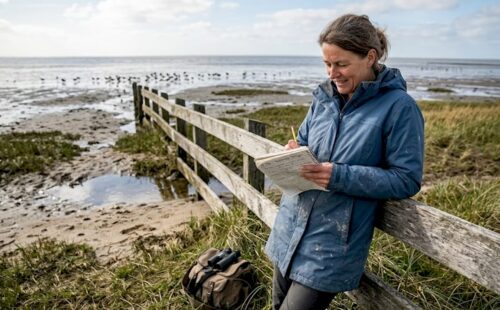 Een ecoloog die vogels spot op de wadplaten van de Waddenzee