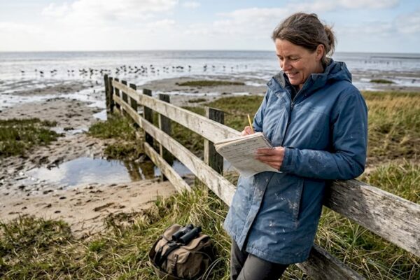 Een ecoloog die vogels spot op de wadplaten van de Waddenzee