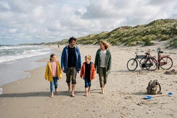 Een gezin maakt een ontspannen wandeling langs het strand op een Waddeneiland.