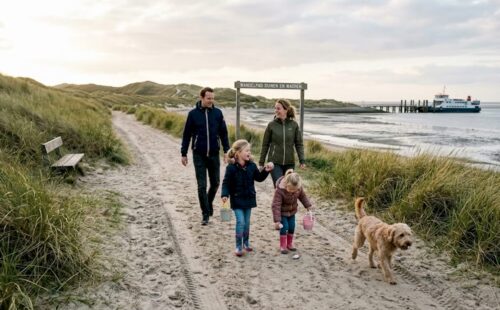 Een gezin maakt een ontspannen wandeling door de duinen langs de Waddenzee.