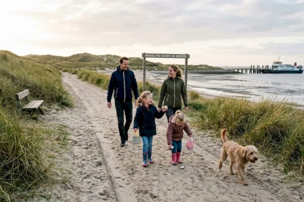 Een gezin maakt een ontspannen wandeling door de duinen langs de Waddenzee.