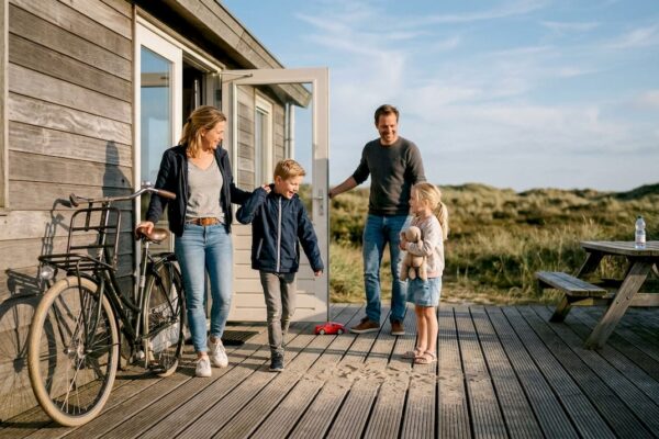 Het gezin komt aan bij hun vakantiehuisje in de duinen op Ameland.