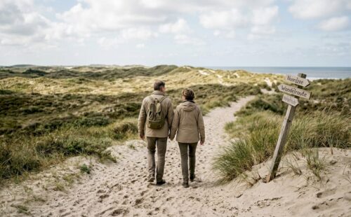Op een rustig duinpad op een Waddeneiland genieten wandelaars van de stilte en het uitzicht.