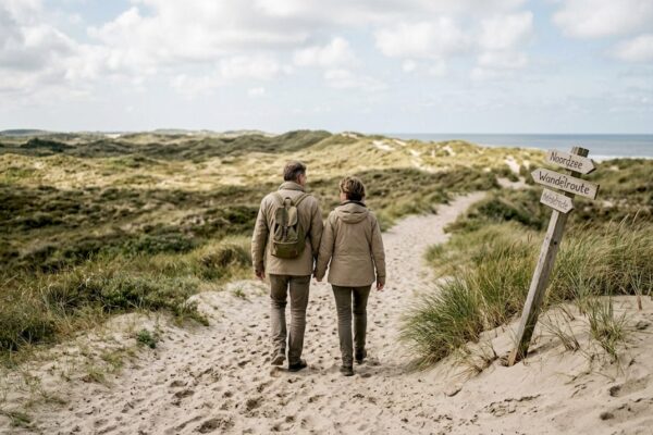 Op een rustig duinpad op een Waddeneiland genieten wandelaars van de stilte en het uitzicht.