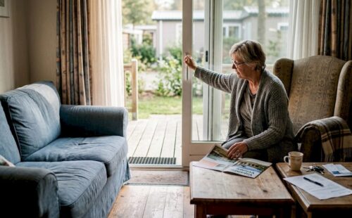 Een oudere leest ontspannen een krant in een gezellige woonkamer.
