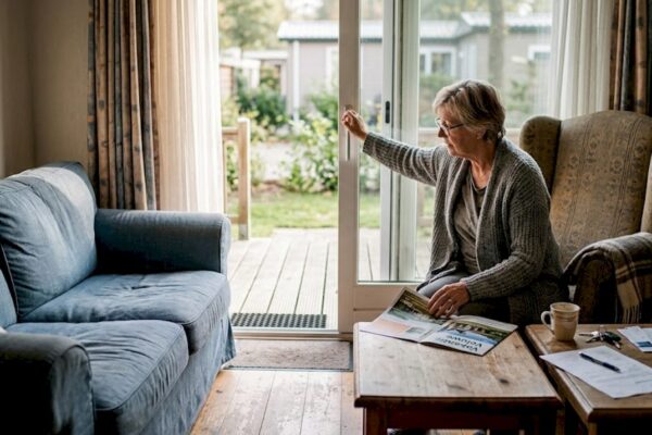Een oudere leest ontspannen een krant in een gezellige woonkamer.