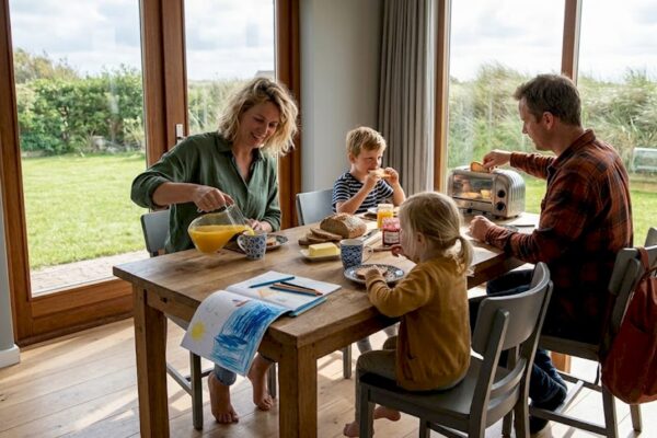 Samen genieten aan de eettafel in een zonnig vakantiehuis