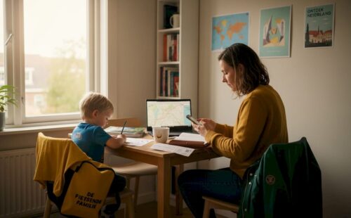 Aan de keukentafel werkt een vrouw haar plannen uit voor een duurzame vakantie.