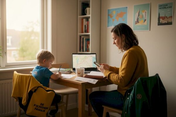 Aan de keukentafel werkt een vrouw haar plannen uit voor een duurzame vakantie.
