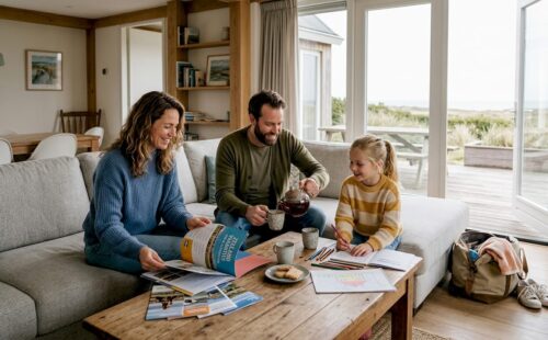 Een gezin geniet van een ontspannen moment samen in de zonnige woonkamer van hun vakantiehuis.