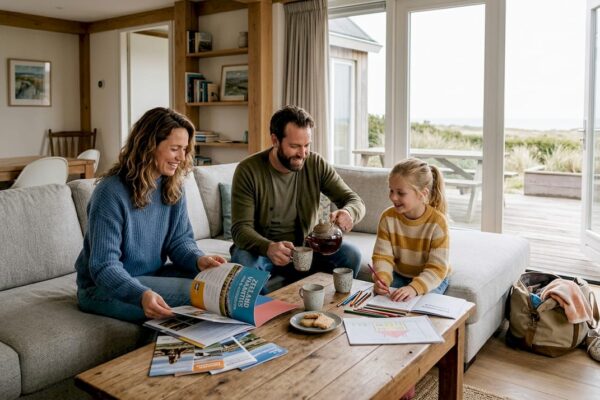 Een gezin geniet van een ontspannen moment samen in de zonnige woonkamer van hun vakantiehuis.