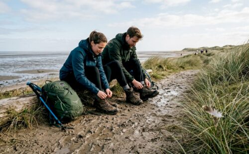 Wandelaars genieten van een wandeling over het natuurpad langs duinen en kwelders.