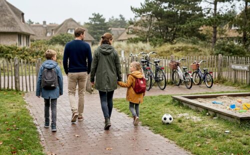 Een gezin maakt een ontspannen wandeling door het vakantiepark op Ameland.