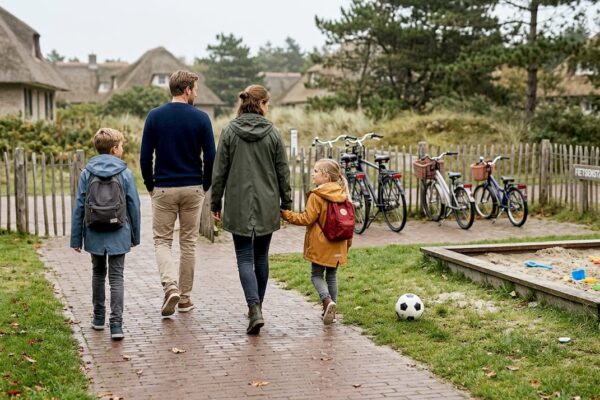Een gezin maakt een ontspannen wandeling door het vakantiepark op Ameland.