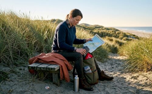Vrouw bereidt zich voor op een strandwandeling op Ameland en pakt haar spullen in.