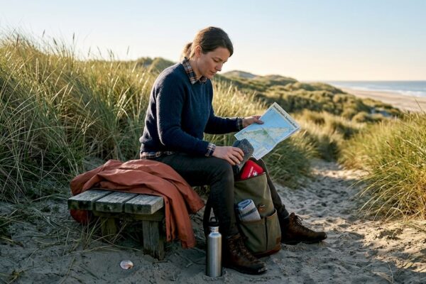 Vrouw bereidt zich voor op een strandwandeling op Ameland en pakt haar spullen in.