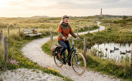 Op Ameland geniet een fietser van een ritje over het kronkelende duinpad.